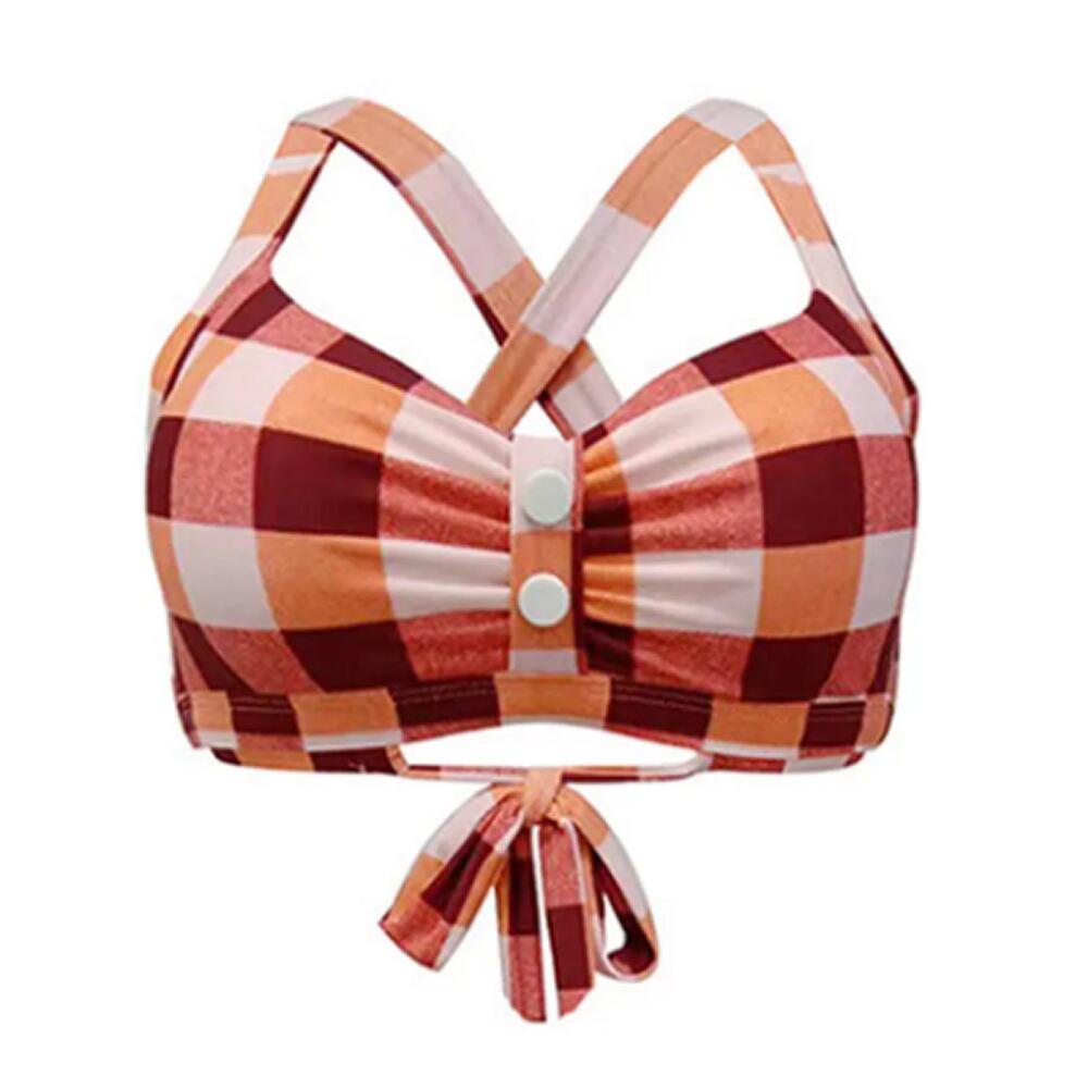 Futurino Vintage 50s Plaid Halter Bikini Top Retro Swim Ruffle Buttons Small